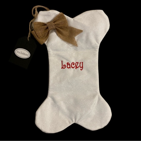 White Burlap Dog Bone Christmas Stocking “Lacey” Red Embroidered NWOT - Picture 2 of 8